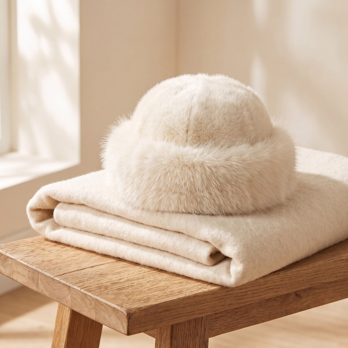 Fluffy wintermuts van nepbont in crèmewit | Boutique Moda