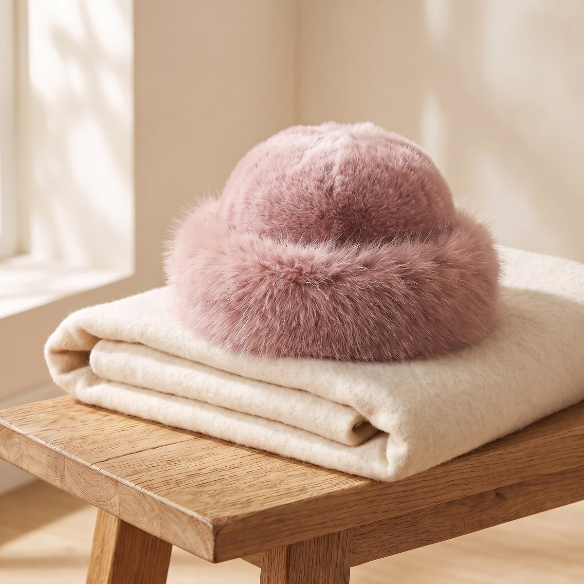 Fluffy wintermuts van nepbont in roze | Boutique Moda