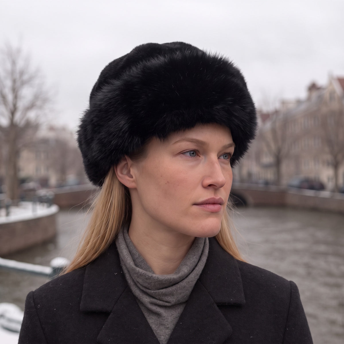Vrouw met de zwarte nepbontmuts bij een Amsterdamse gracht | Boutique Moda
