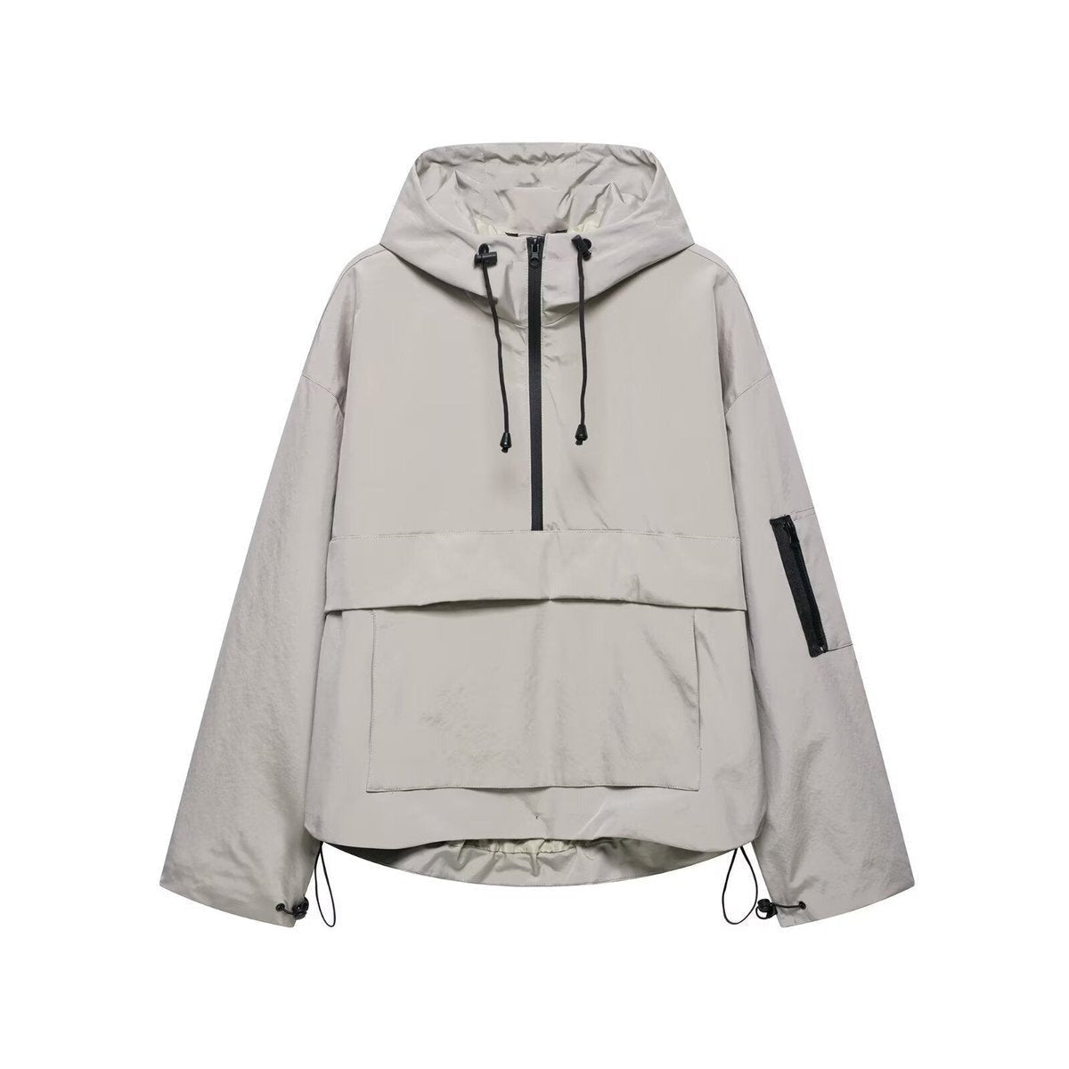 Anorak in lichtgrijs met capuchon, halve rits en buidelzak | Boutique Moda