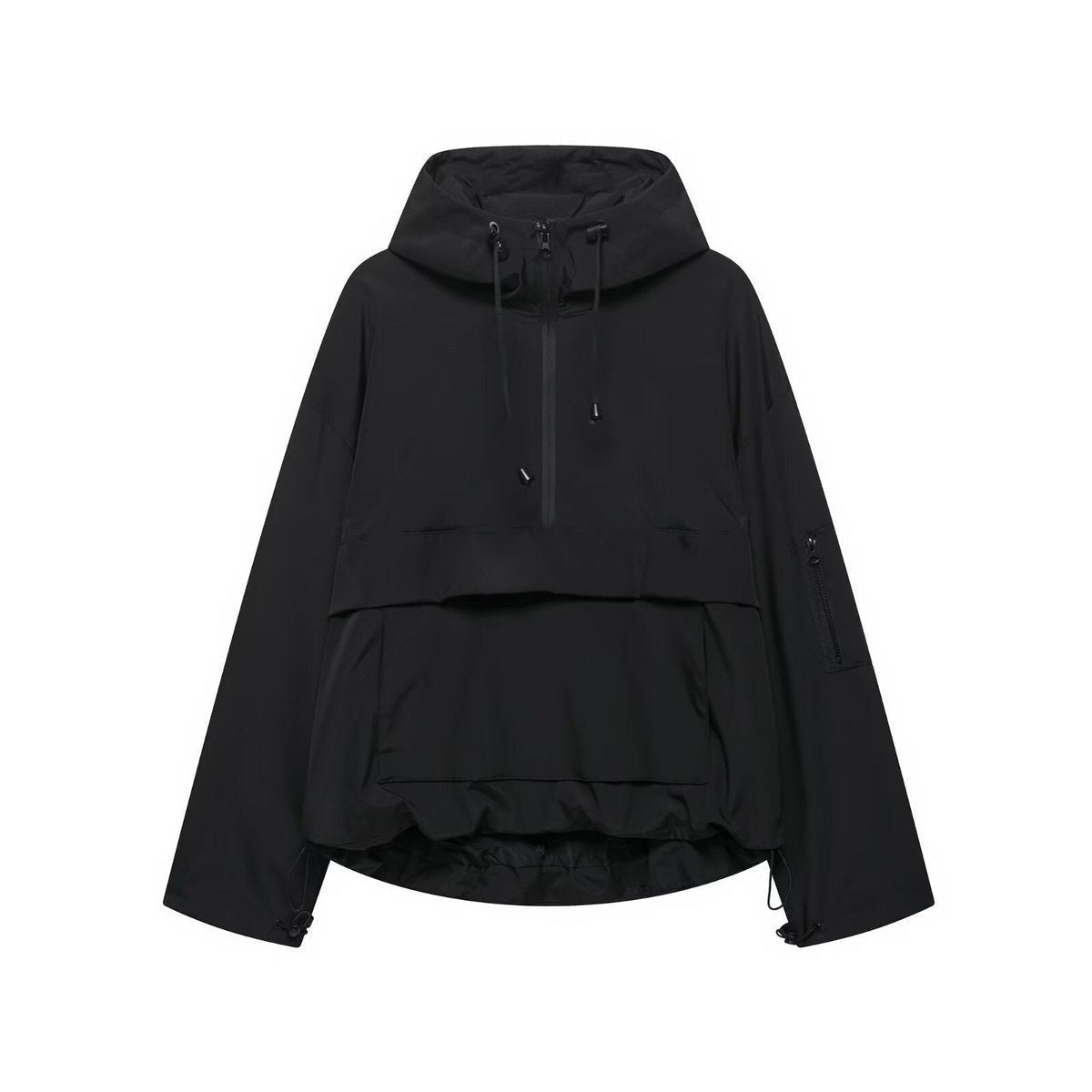 Anorak in zwart met capuchon, halve rits en buidelzak | Boutique Moda