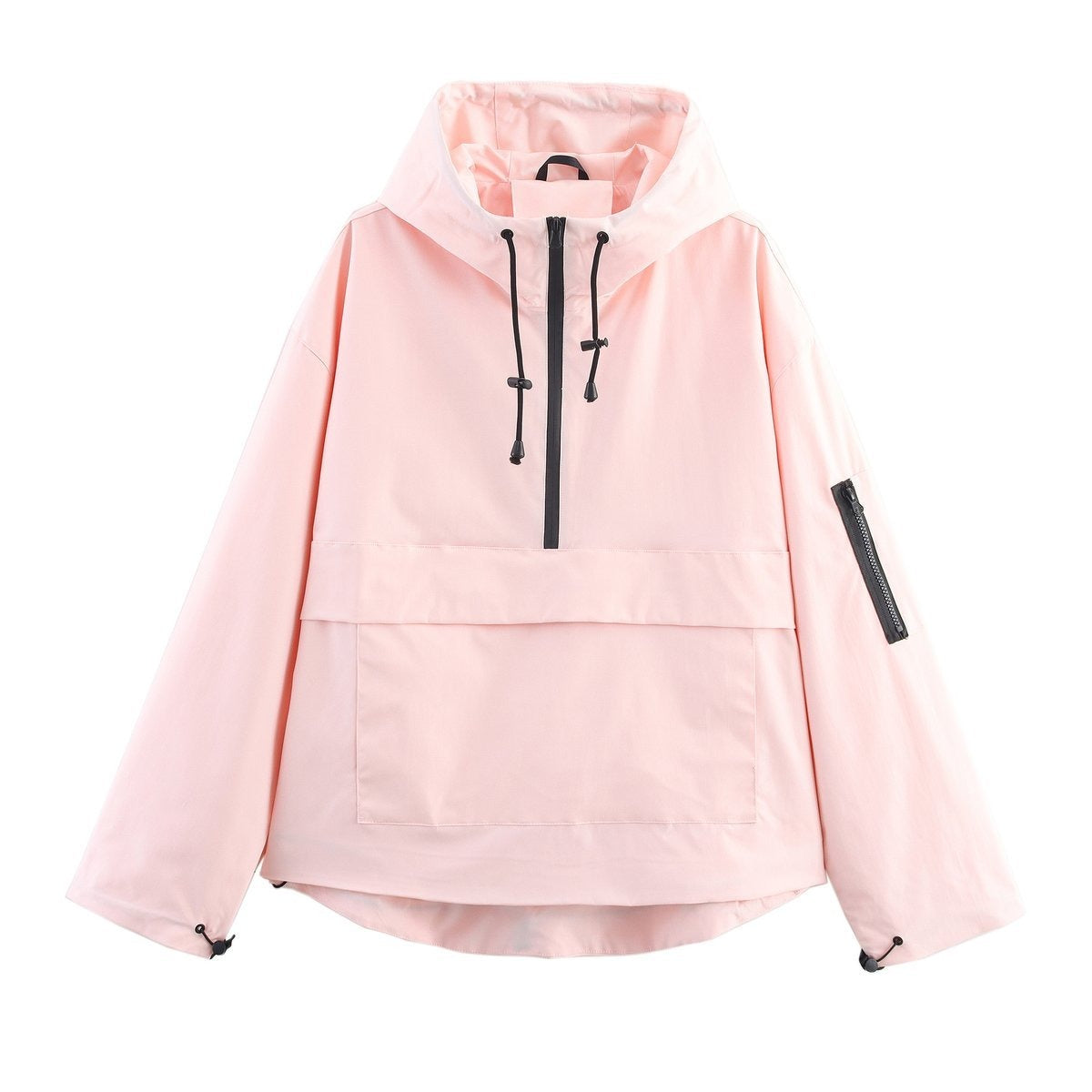 Anorak in lichtroze met capuchon, halve rits en buidelzak | Boutique Moda