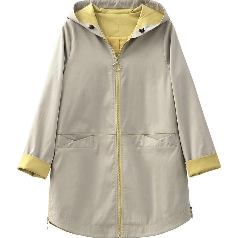 Khaki parka met capuchon en gele contrastvoering | Boutique Moda