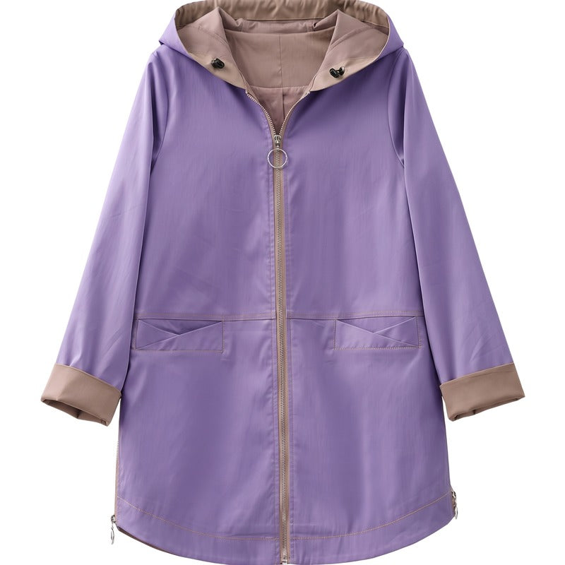 Paarse parka met capuchon en taupe contrastvoering | Boutique Moda