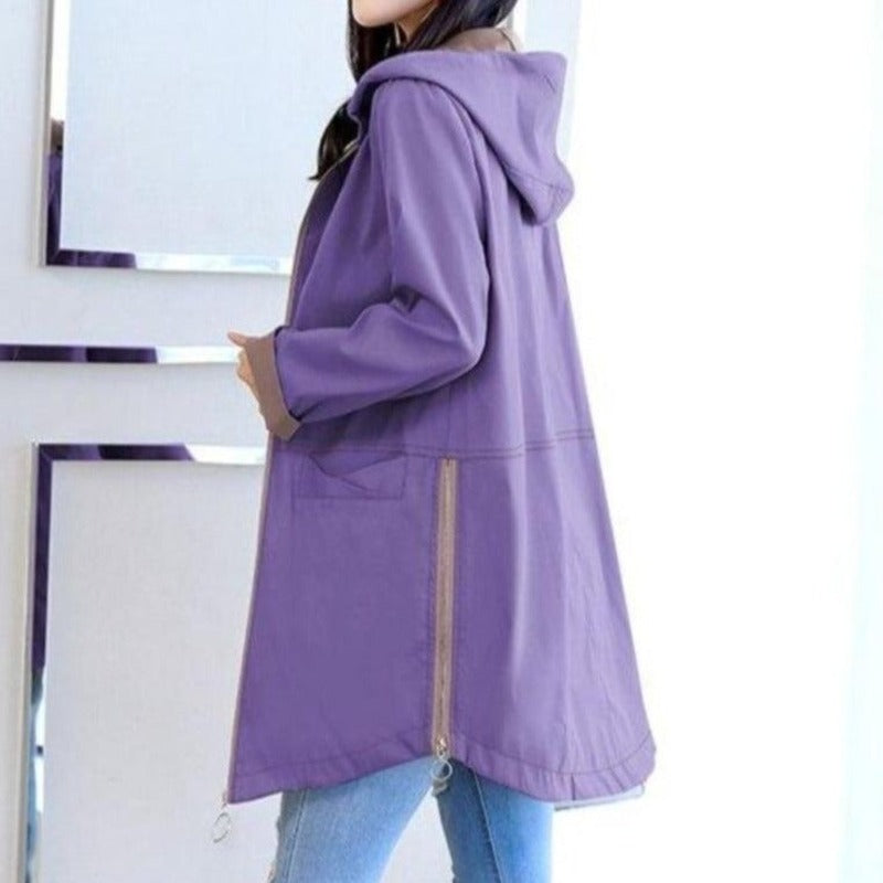 Zijkant van de paarse parka met de zijrits | Boutique Moda