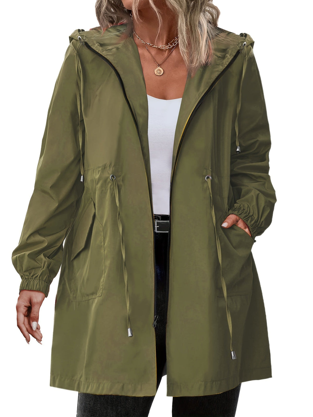 Regenjas in olijfgroen met capuchon en taillekoord | Boutique Moda