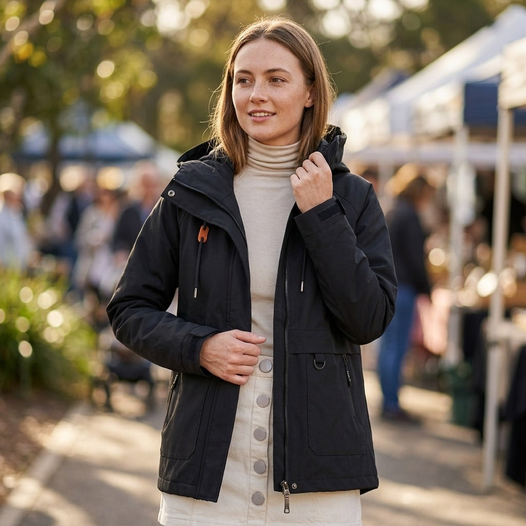 Zwarte regenjas gedragen op een markt | Boutique Moda