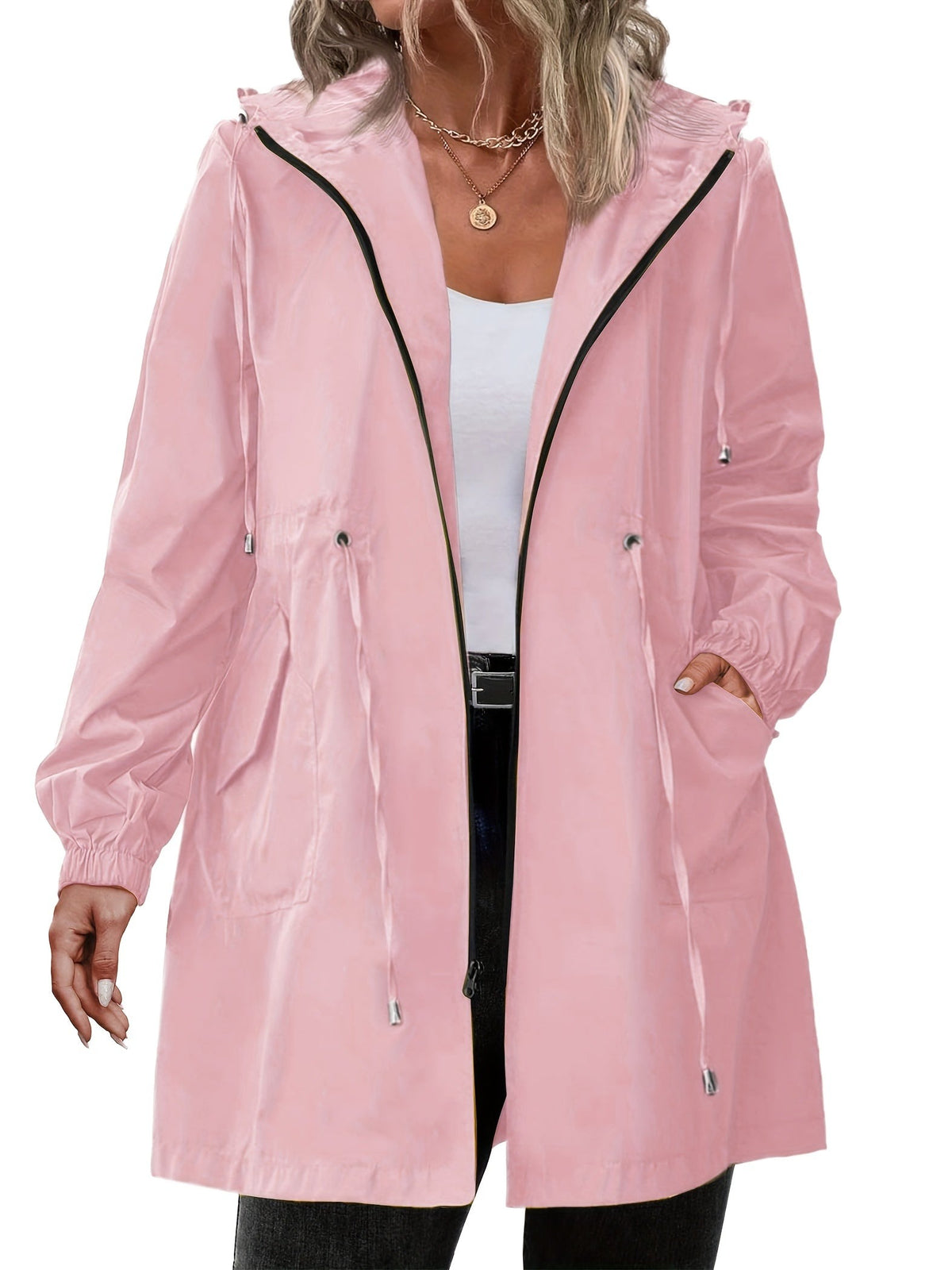 Regenjas in roze met capuchon en taillekoord | Boutique Moda