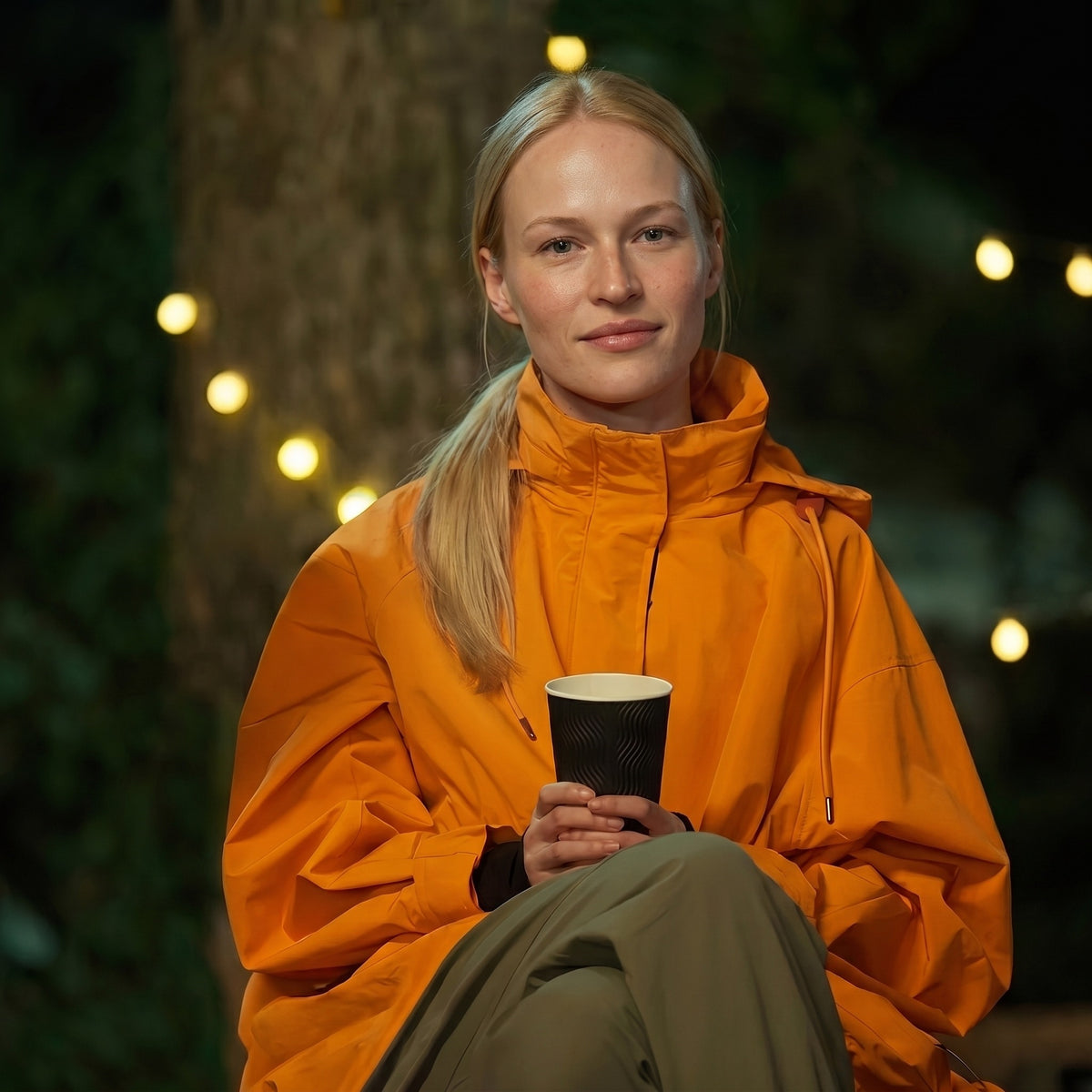 Oranje regenjas 's avonds, met een warm drankje in de hand | Boutique Moda