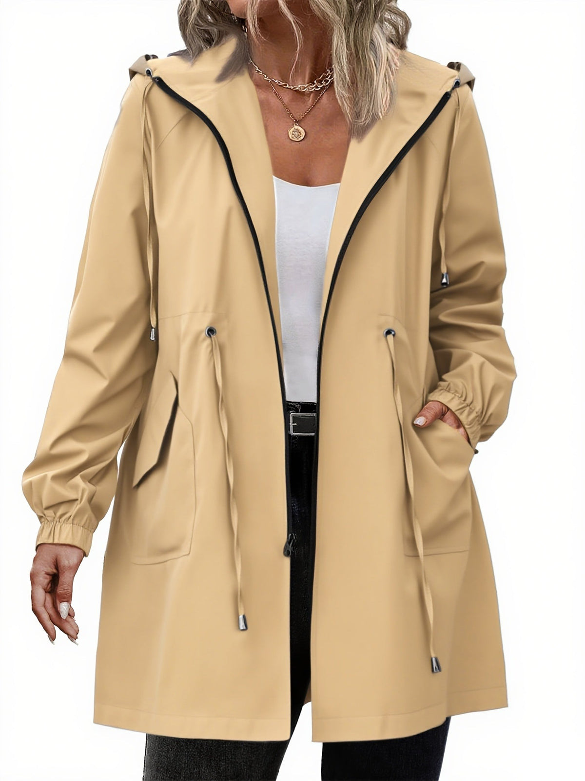 Regenjas in khaki met capuchon en taillekoord | Boutique Moda