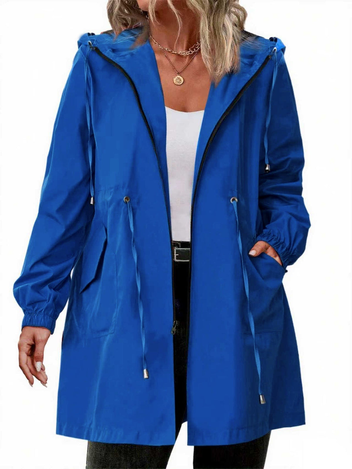 Regenjas in kobaltblauw met capuchon en taillekoord | Boutique Moda