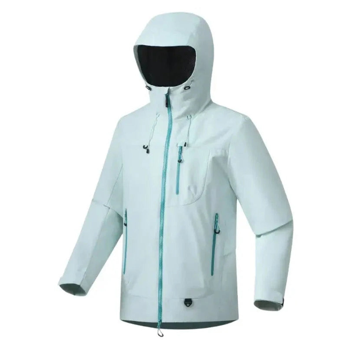 Regenjas in ijsblauw met capuchon en contrastritsen | Boutique Moda