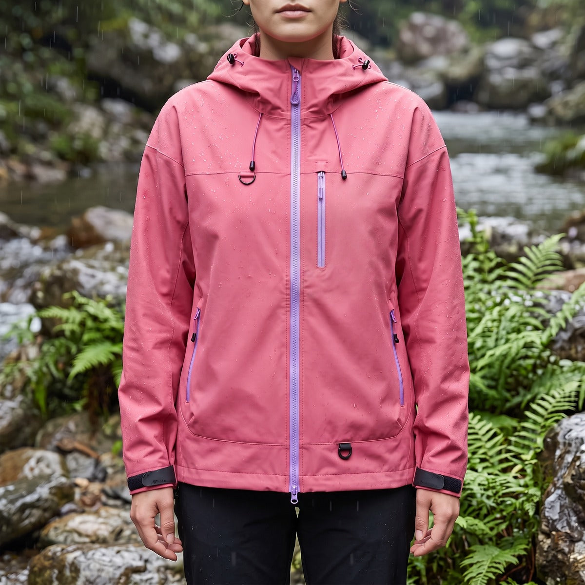 Roze regenjas buiten bij een beek | Boutique Moda