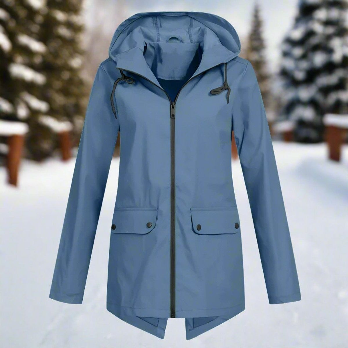 Regenjas in blauw met capuchon en knoopzakken | Boutique Moda