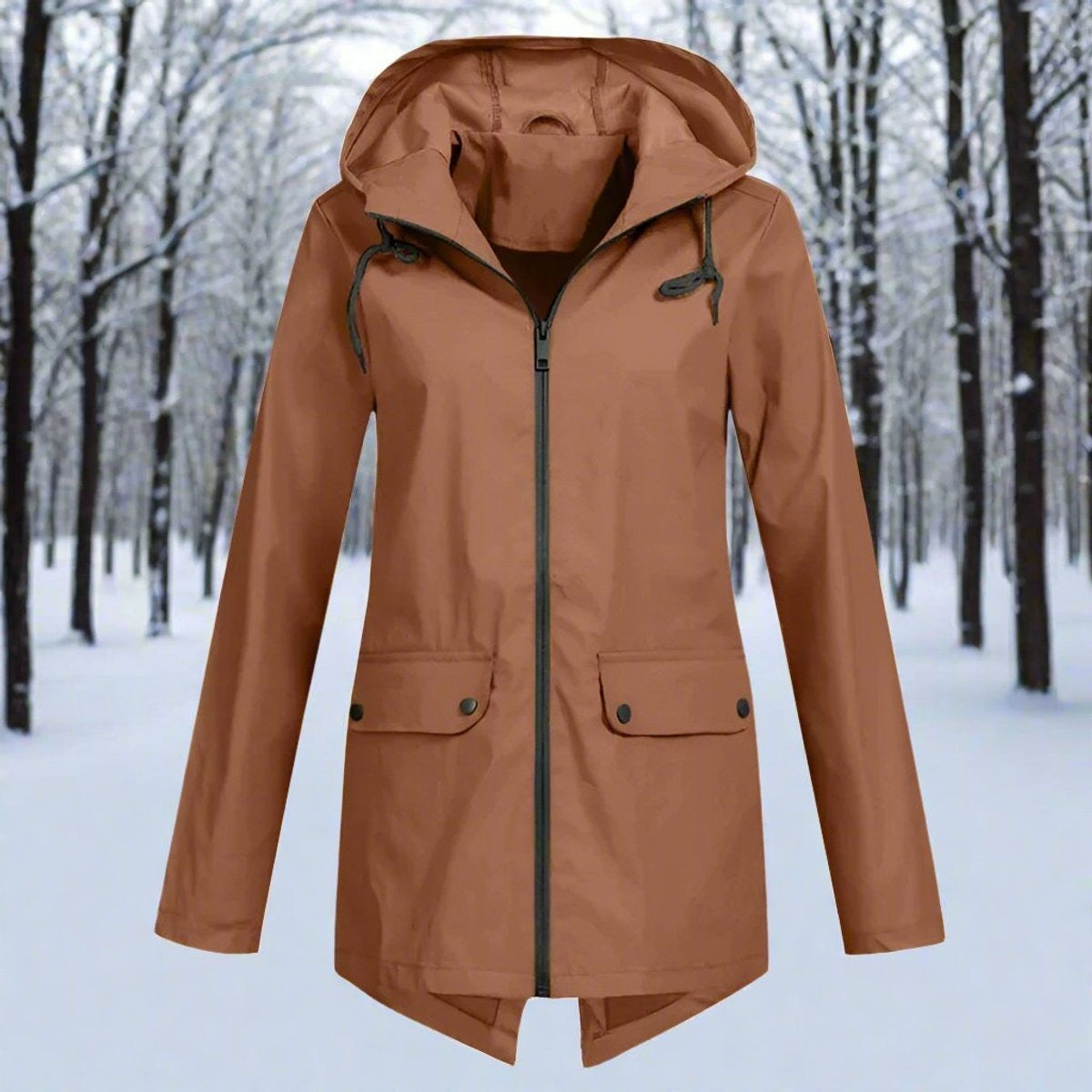 Regenjas in bruin met capuchon en knoopzakken | Boutique Moda