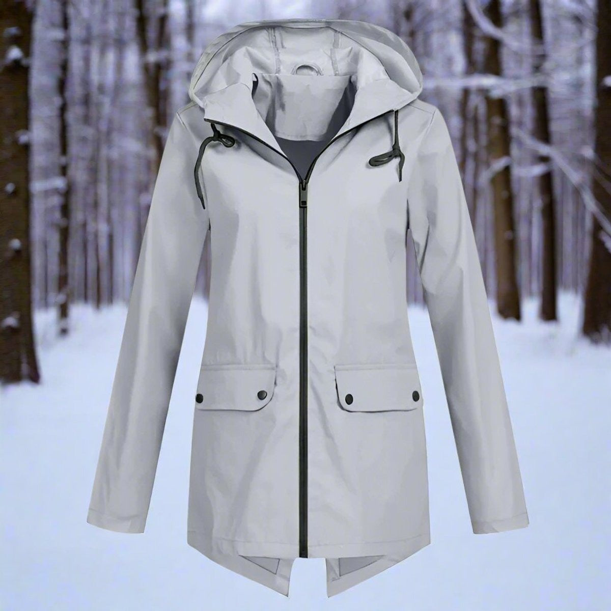 Regenjas in grijs met capuchon en knoopzakken | Boutique Moda