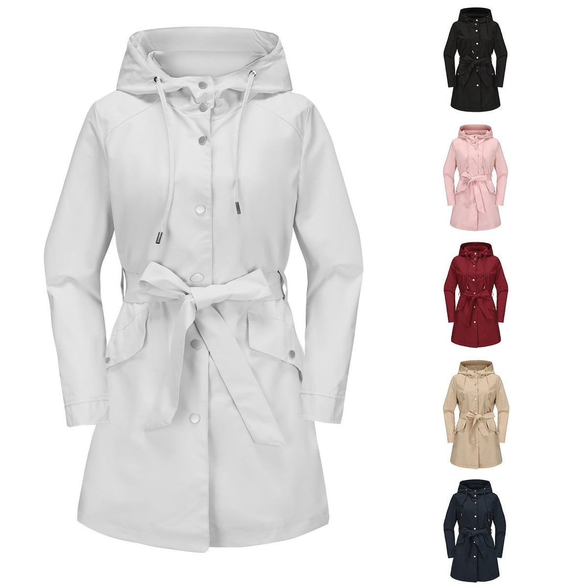 Lichtgrijze trenchcoat met capuchon en strikceintuur, met kleine afbeeldingen van de andere kleuren | Boutique Moda