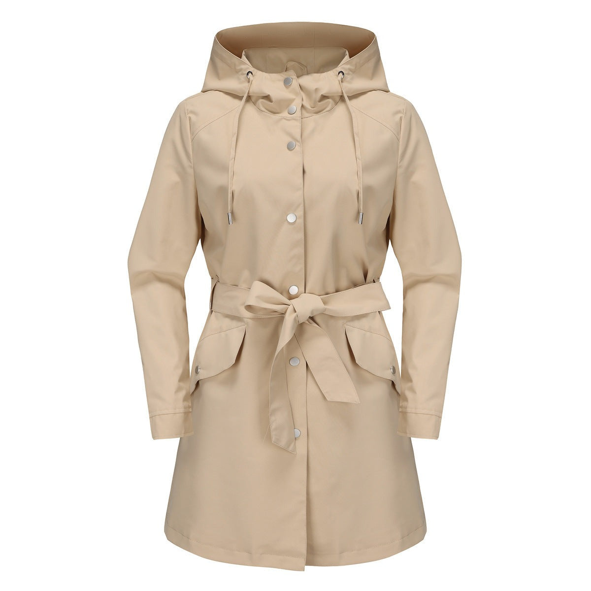 Beige trenchcoat met capuchon en strikceintuur | Boutique Moda