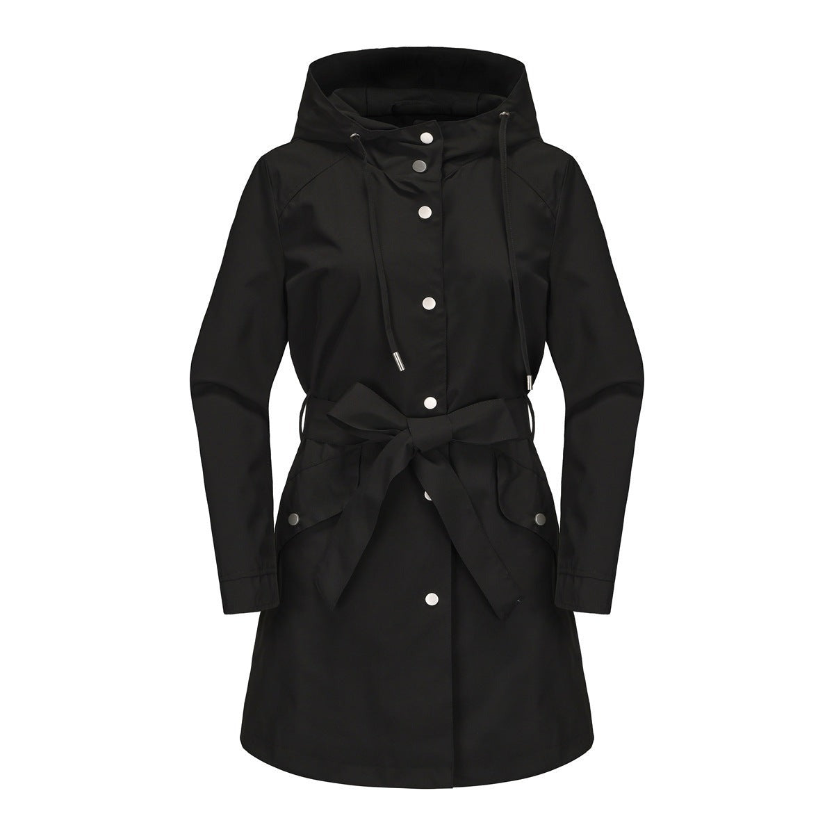 Zwarte trenchcoat met capuchon en strikceintuur | Boutique Moda