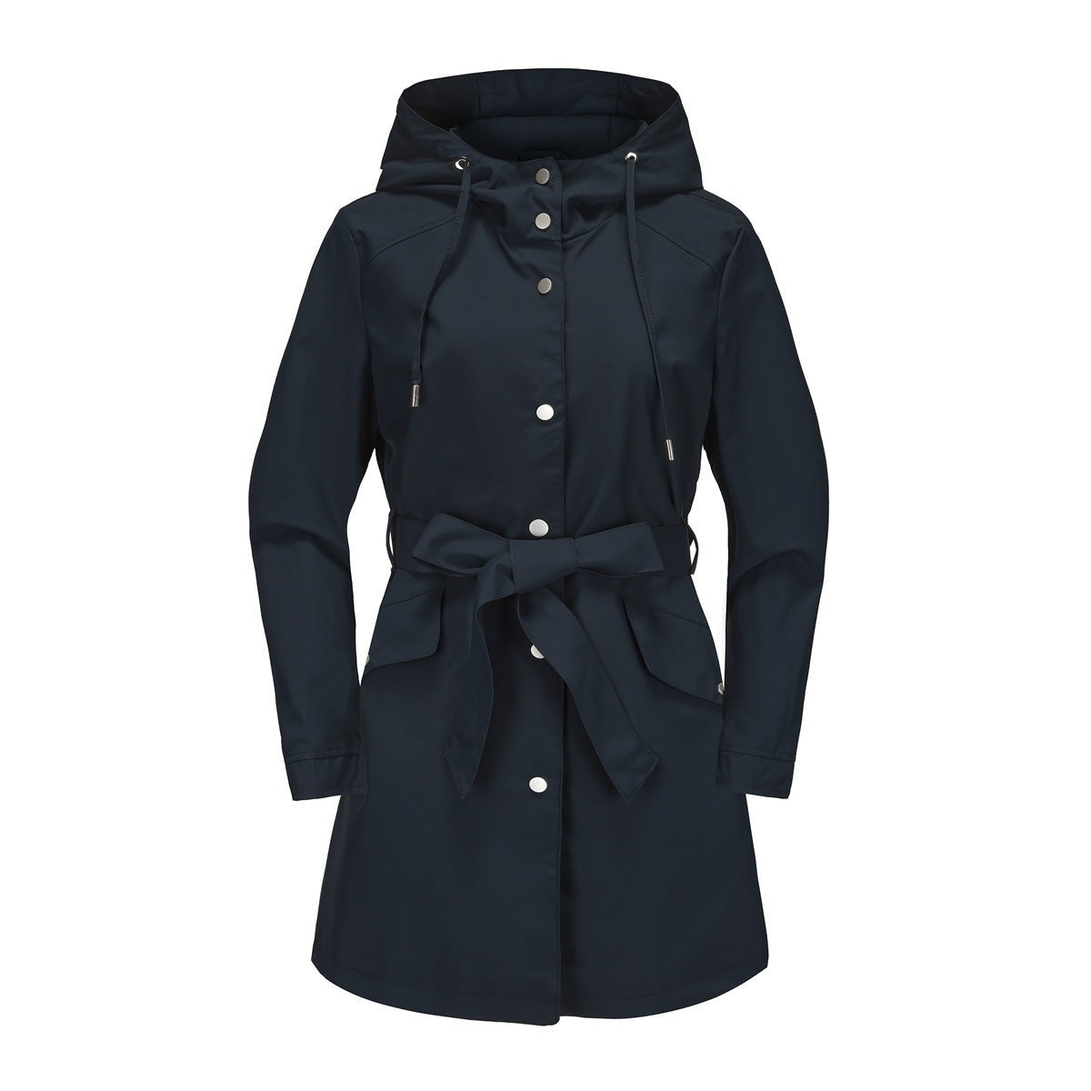 Donkerblauwe trenchcoat met capuchon en strikceintuur | Boutique Moda