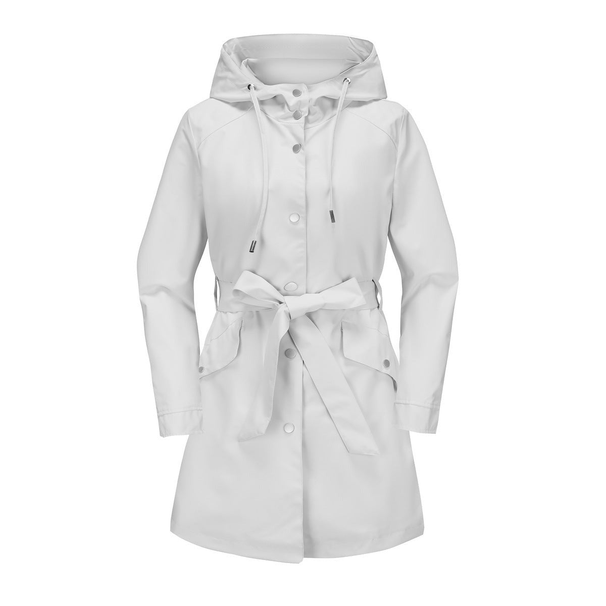 Lichtgrijze trenchcoat met capuchon en strikceintuur | Boutique Moda