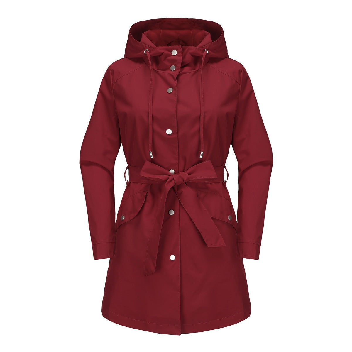 Wijnrode trenchcoat met capuchon en strikceintuur | Boutique Moda