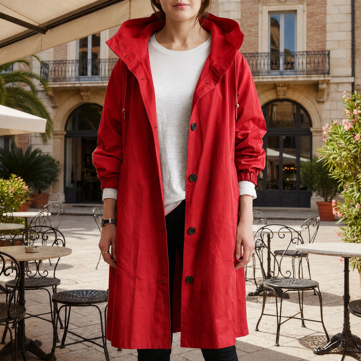 Rode lange trenchcoat met capuchon en knoopsluiting, open gedragen over een wit T-shirt | Boutique Moda