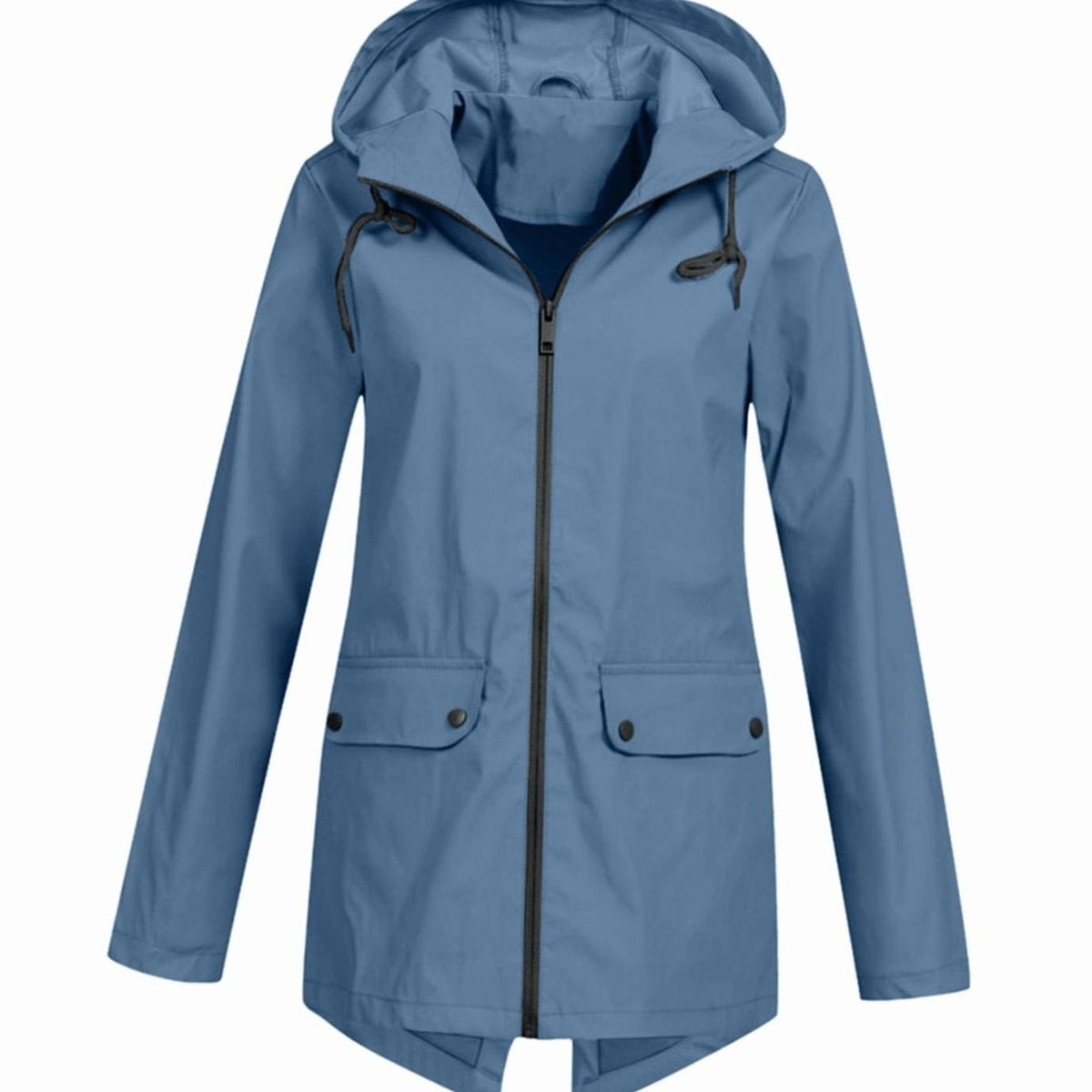 Regenjas in blauw met capuchon, rits en klepzakken | Boutique Moda