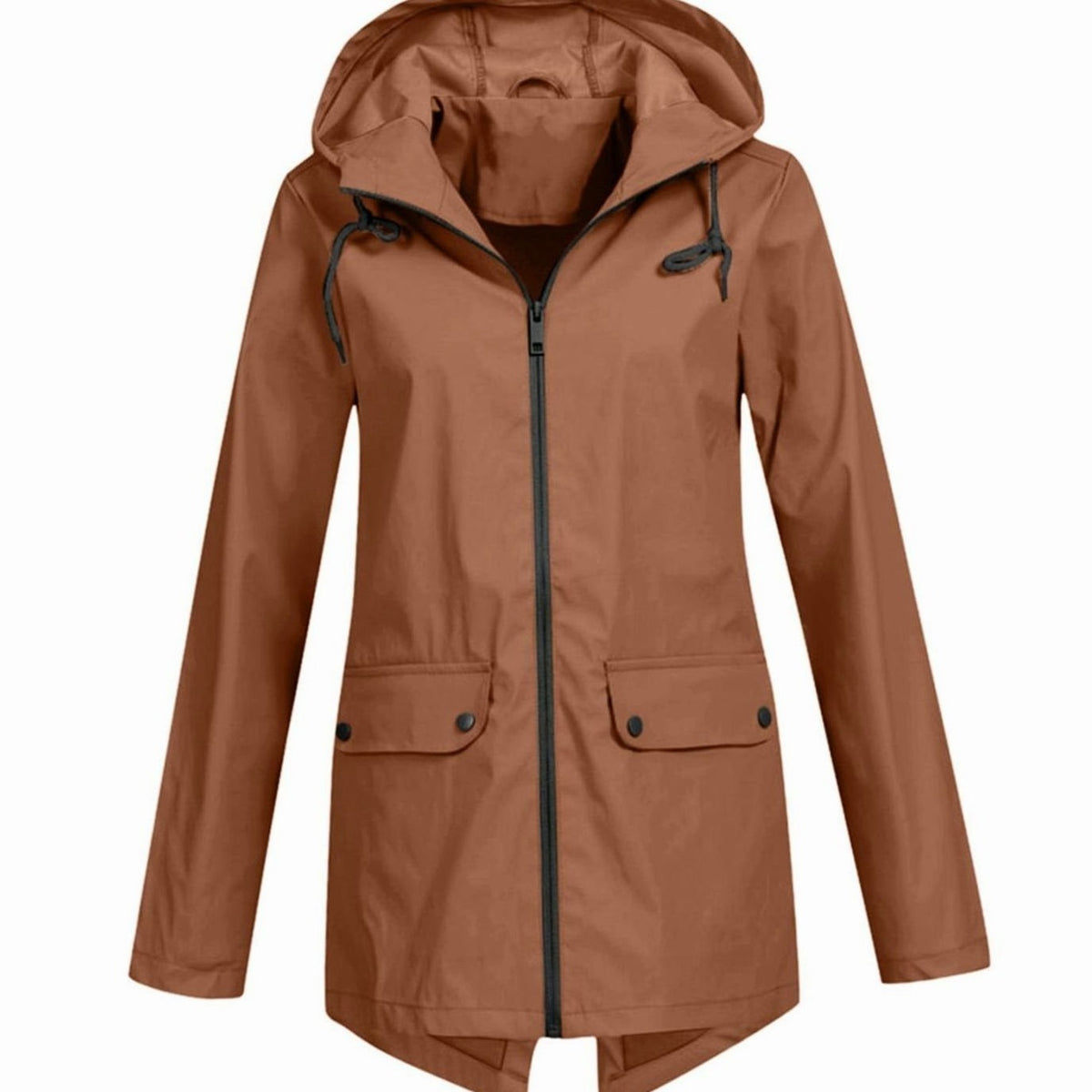 Regenjas in koffiebruin met capuchon, rits en klepzakken | Boutique Moda