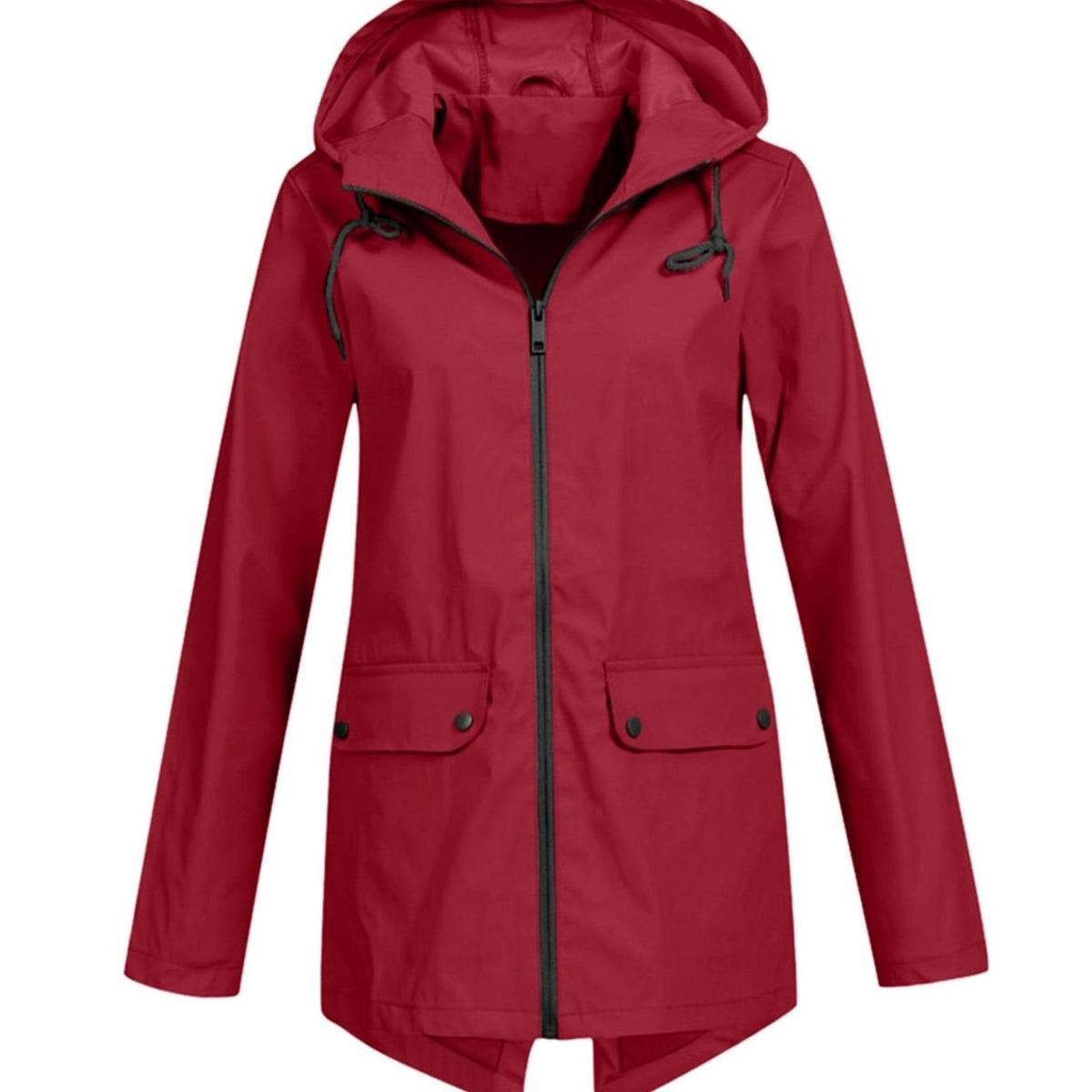 Regenjas in wijnrood met capuchon, rits en klepzakken | Boutique Moda