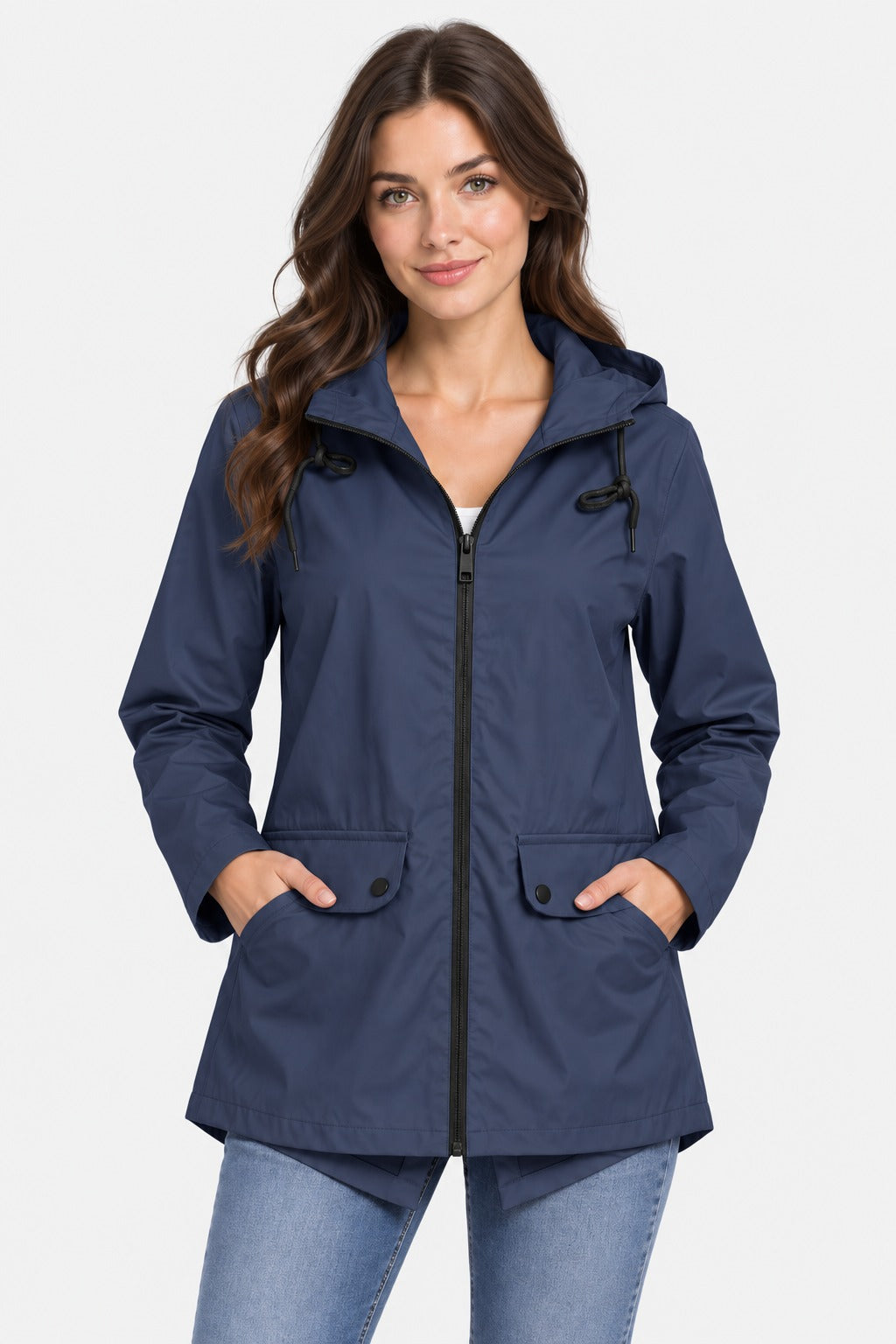 Marineblauwe lichte regenjas met capuchon en klepzakken | Boutique Moda