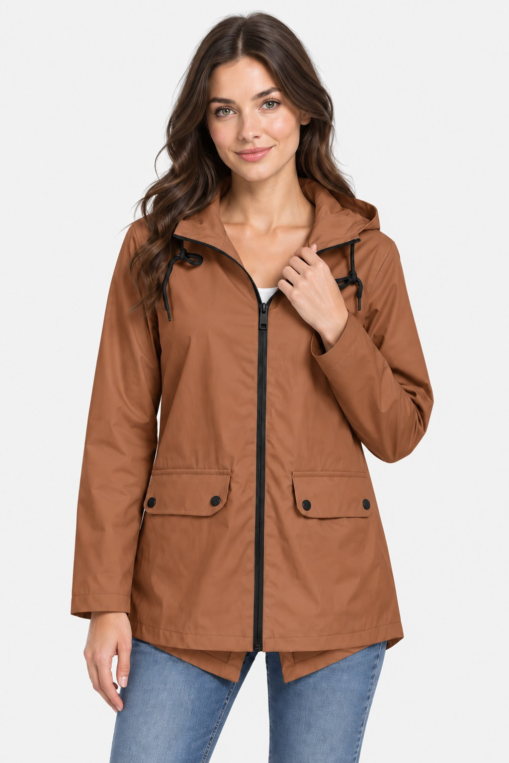 Roestbruine lichte regenjas met capuchon en klepzakken | Boutique Moda