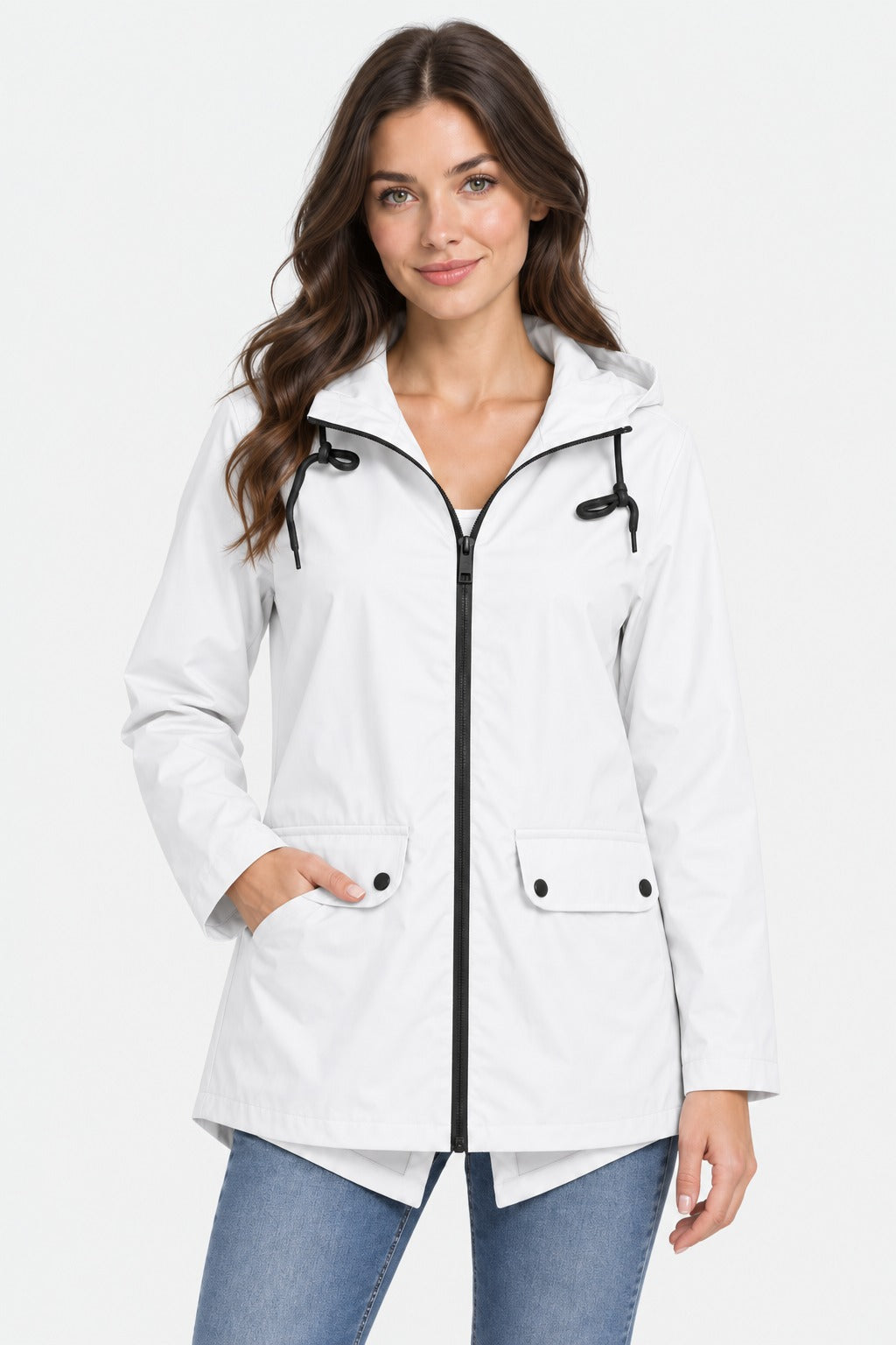 Witte lichte regenjas met capuchon en klepzakken | Boutique Moda