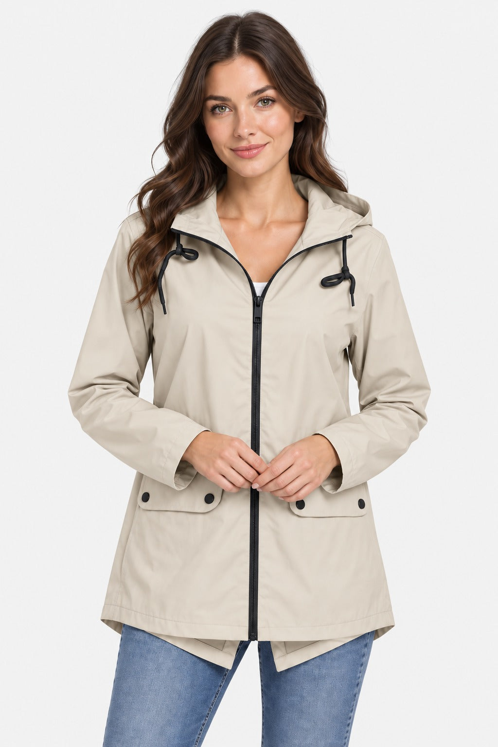 Beige lichte regenjas met capuchon en klepzakken | Boutique Moda