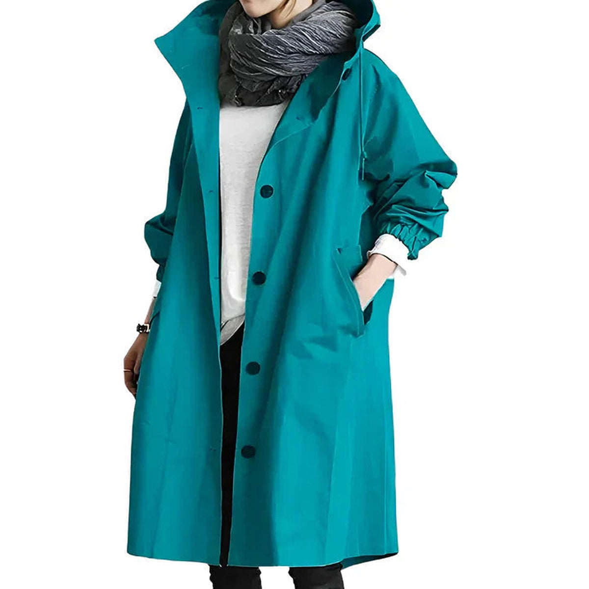 Lichte waterdichte regenjas in petrol met capuchon en knoopsluiting | Boutique Moda