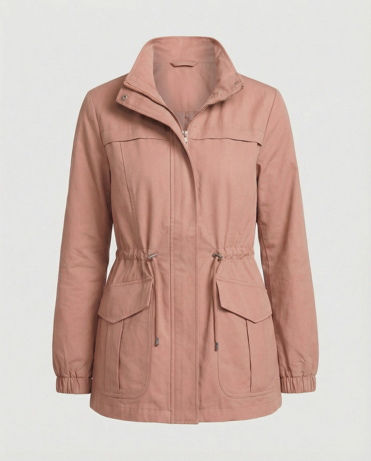Oudroze lichte jas met opstaande kraag, taillekoord en klepzakken | Boutique Moda
