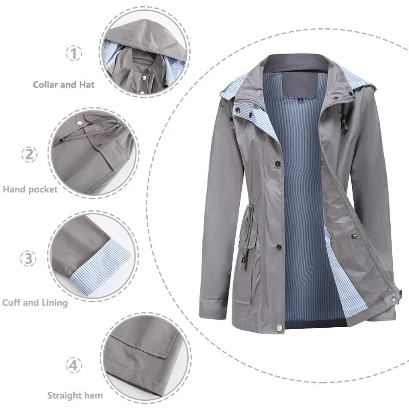 Details van capuchon, steekzak, mouwvoering en rechte zoom | Boutique Moda