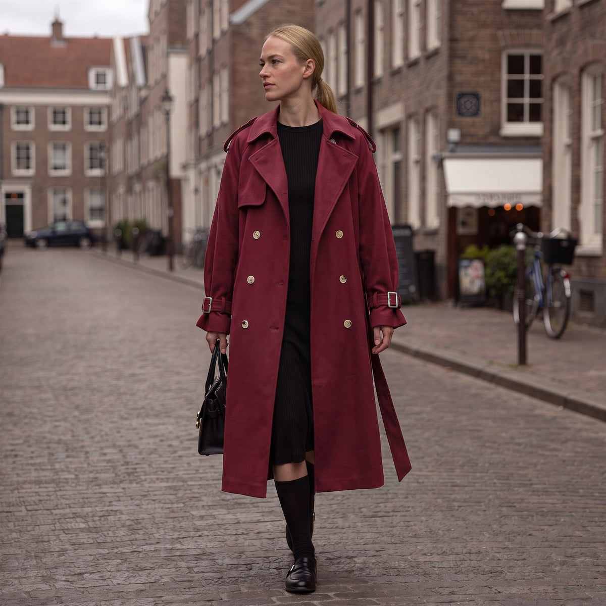 Lange trenchcoat in wijnrood met ceintuur, buiten gedragen | Boutique Moda