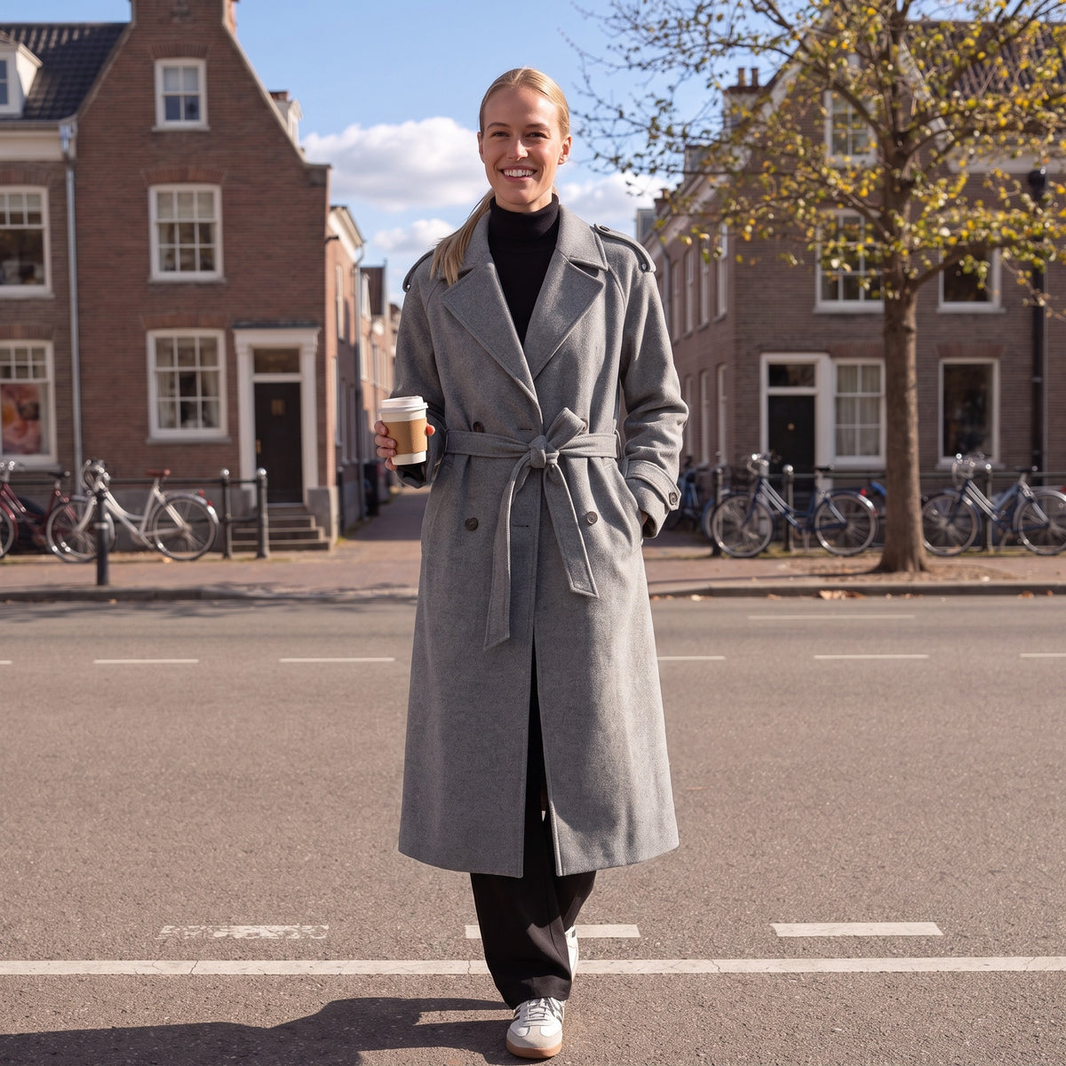 Vrouw in een grijze lange jas met dubbele knopenrij en ceintuur in een Amsterdamse straat met fietsen | Boutique Moda