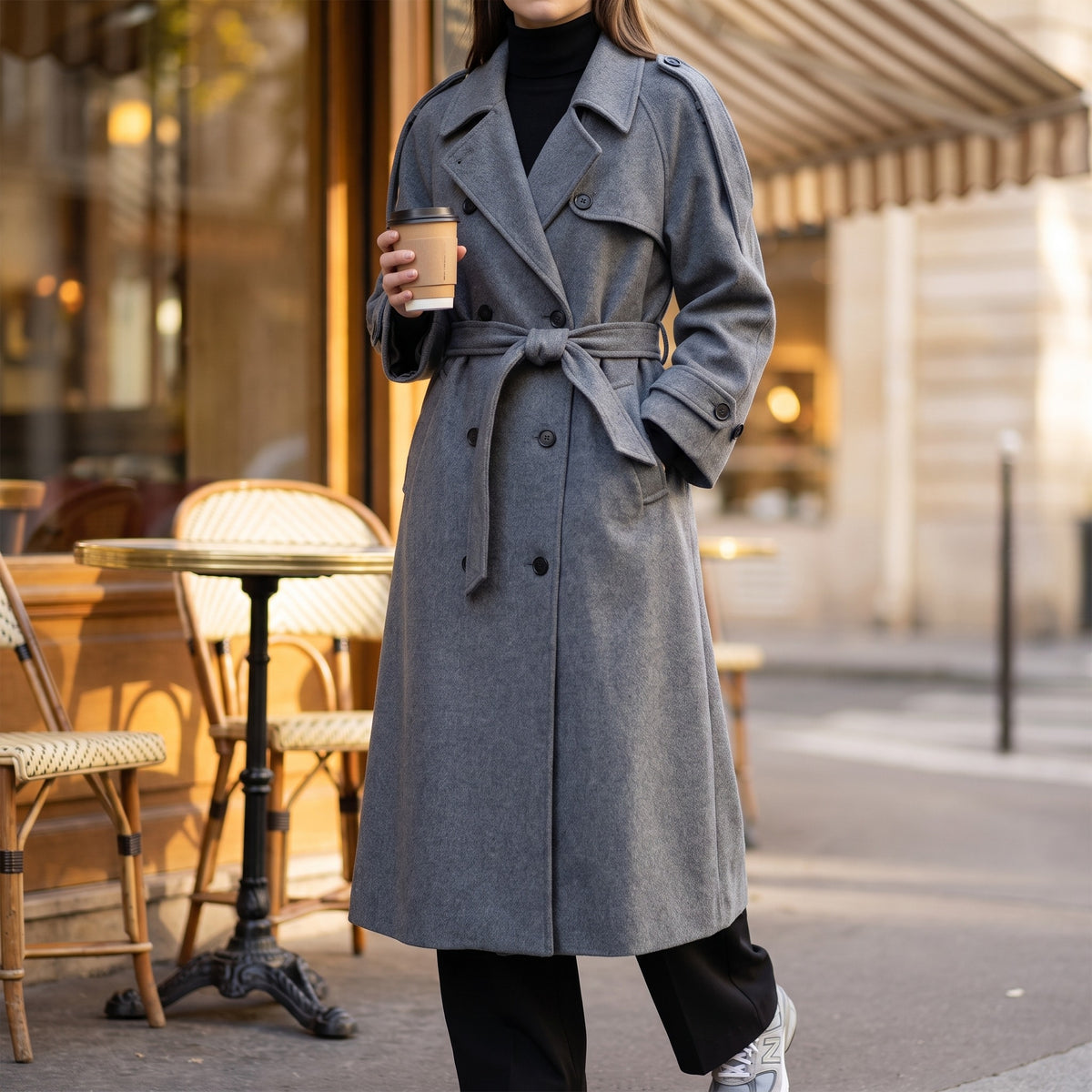 Grijze lange jas met dubbele knopenrij en ceintuur voor een café | Boutique Moda