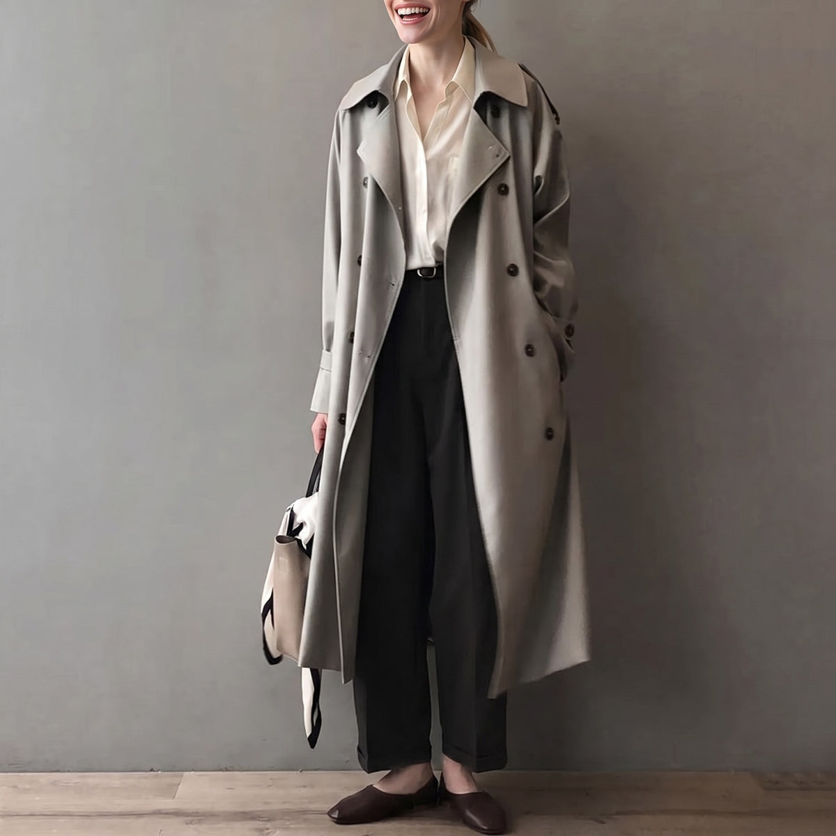 Vrouw in de lange double-breasted trenchcoat in grijs | Boutique Moda