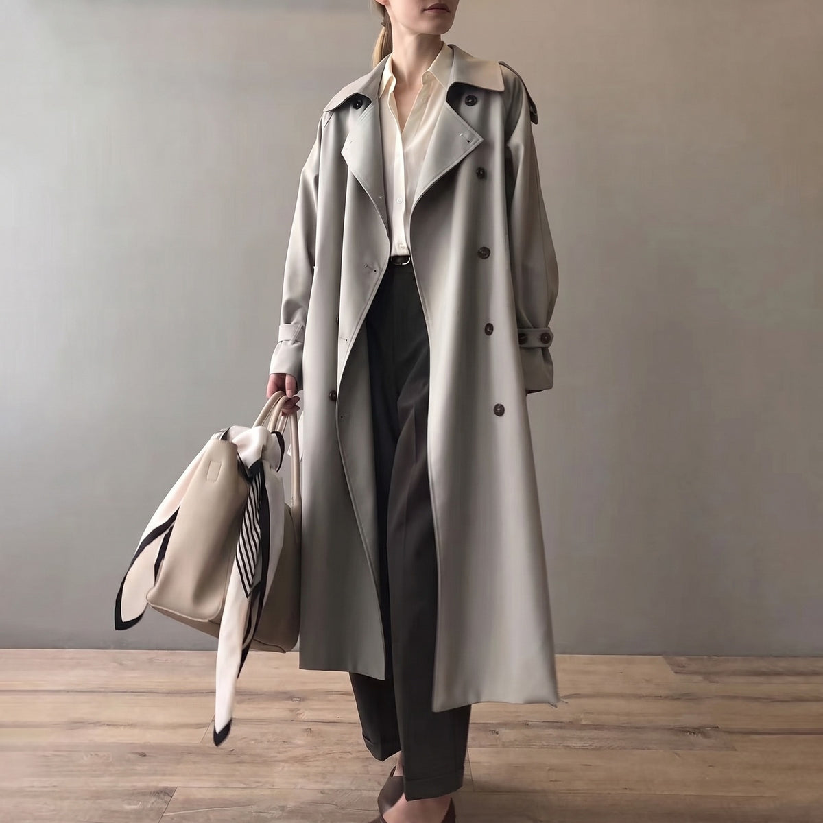 Grijze lange trenchcoat open gedragen met een shopper | Boutique Moda