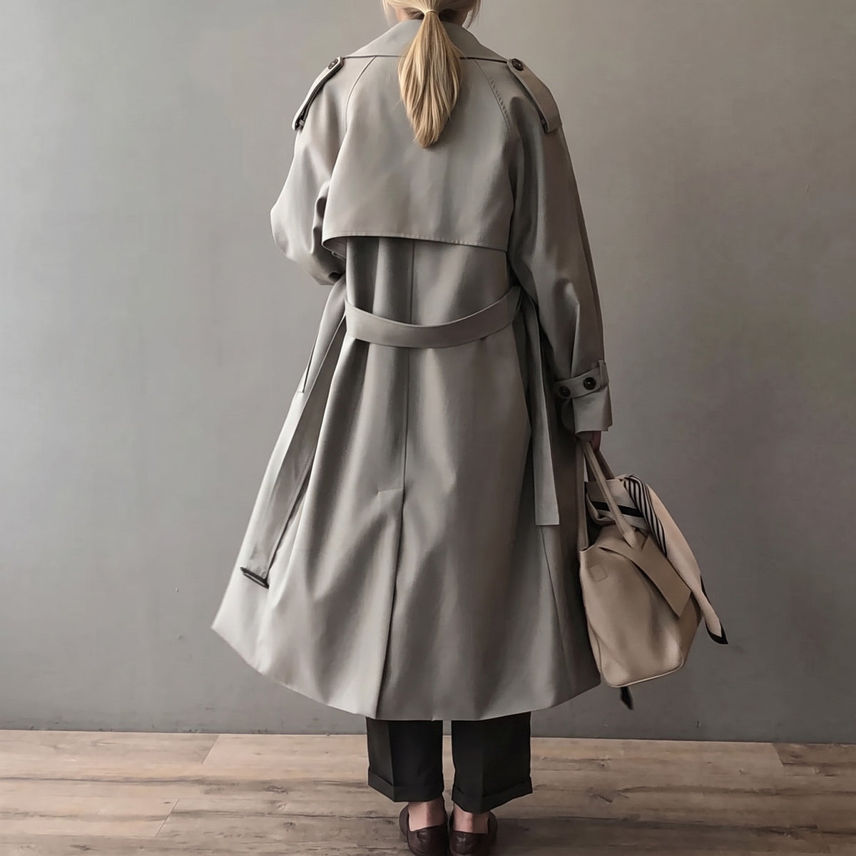 Achterkant van de grijze lange trenchcoat | Boutique Moda