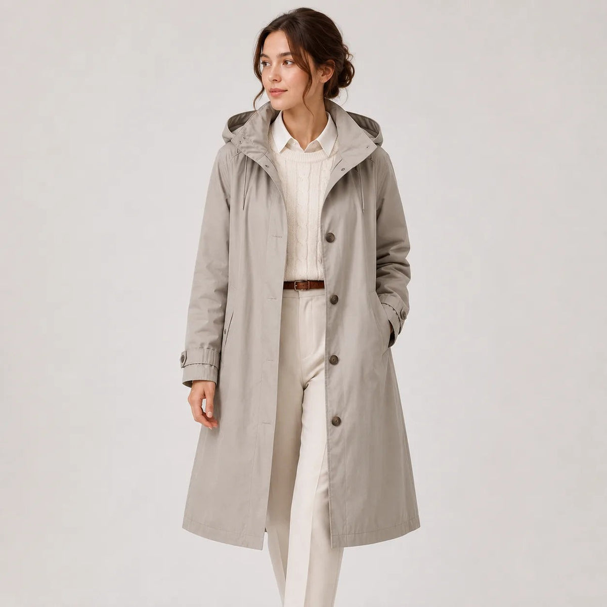 Lange regenjas in lichtgrijs met capuchon en knoopsluiting | Boutique Moda