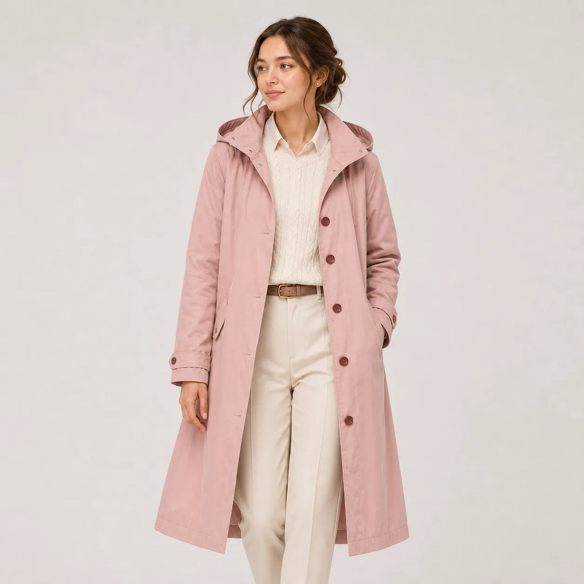Lange regenjas in roze met capuchon en knoopsluiting | Boutique Moda