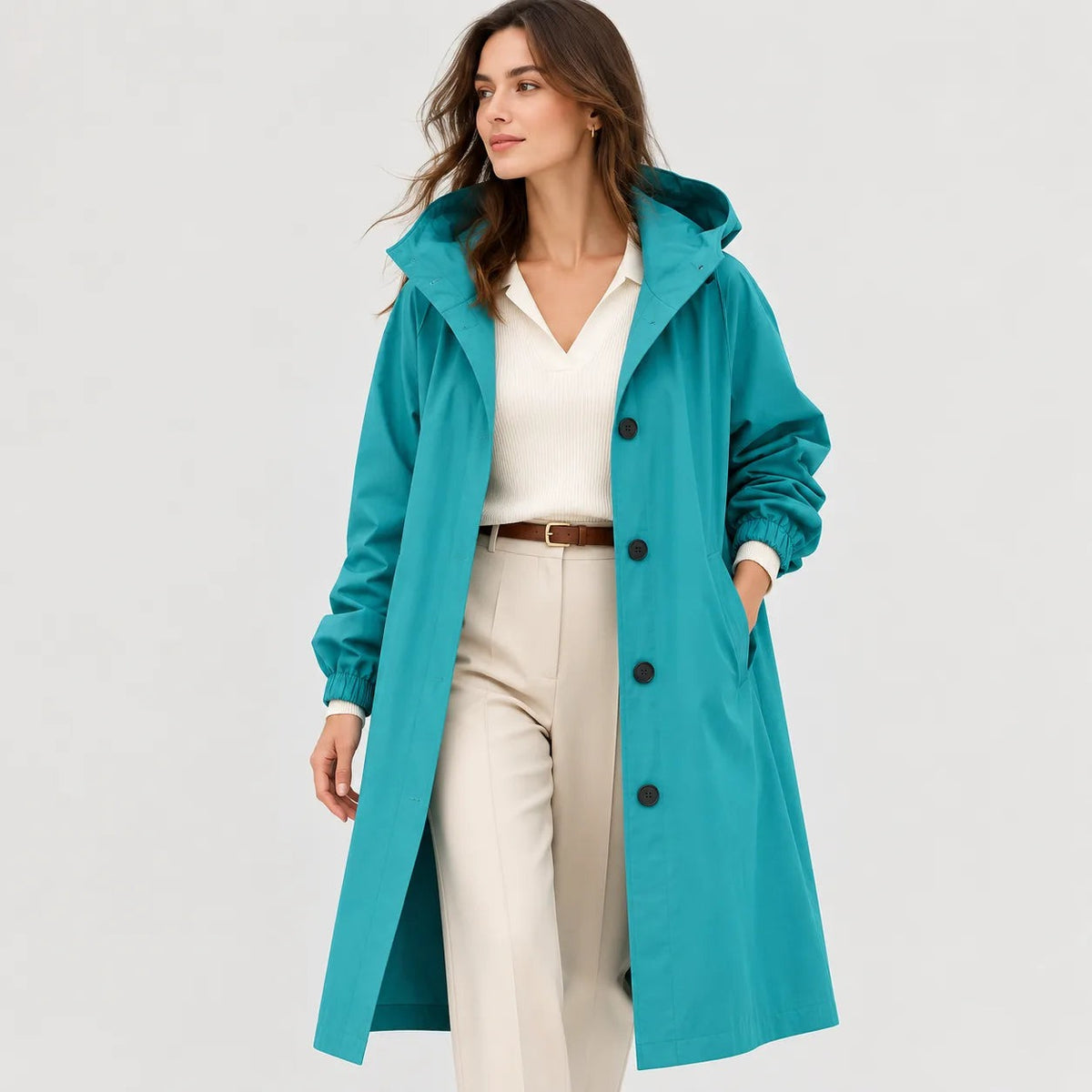 Lange regenjas in turquoise met capuchon en knoopsluiting | Boutique Moda