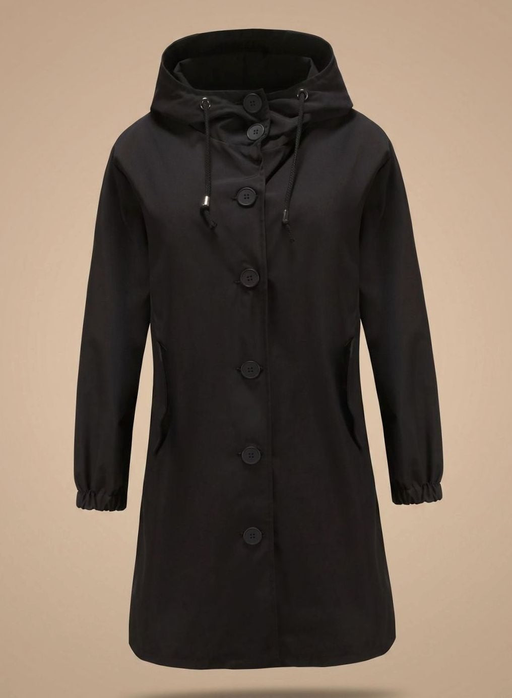 Lange trenchcoat in zwart met capuchon en knoopsluiting | Boutique Moda