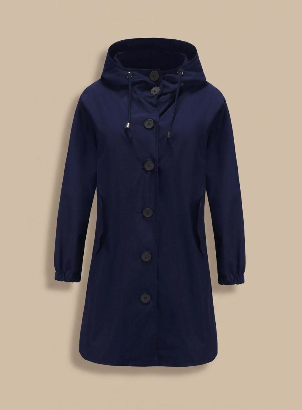 Lange trenchcoat in marineblauw met capuchon en knoopsluiting | Boutique Moda