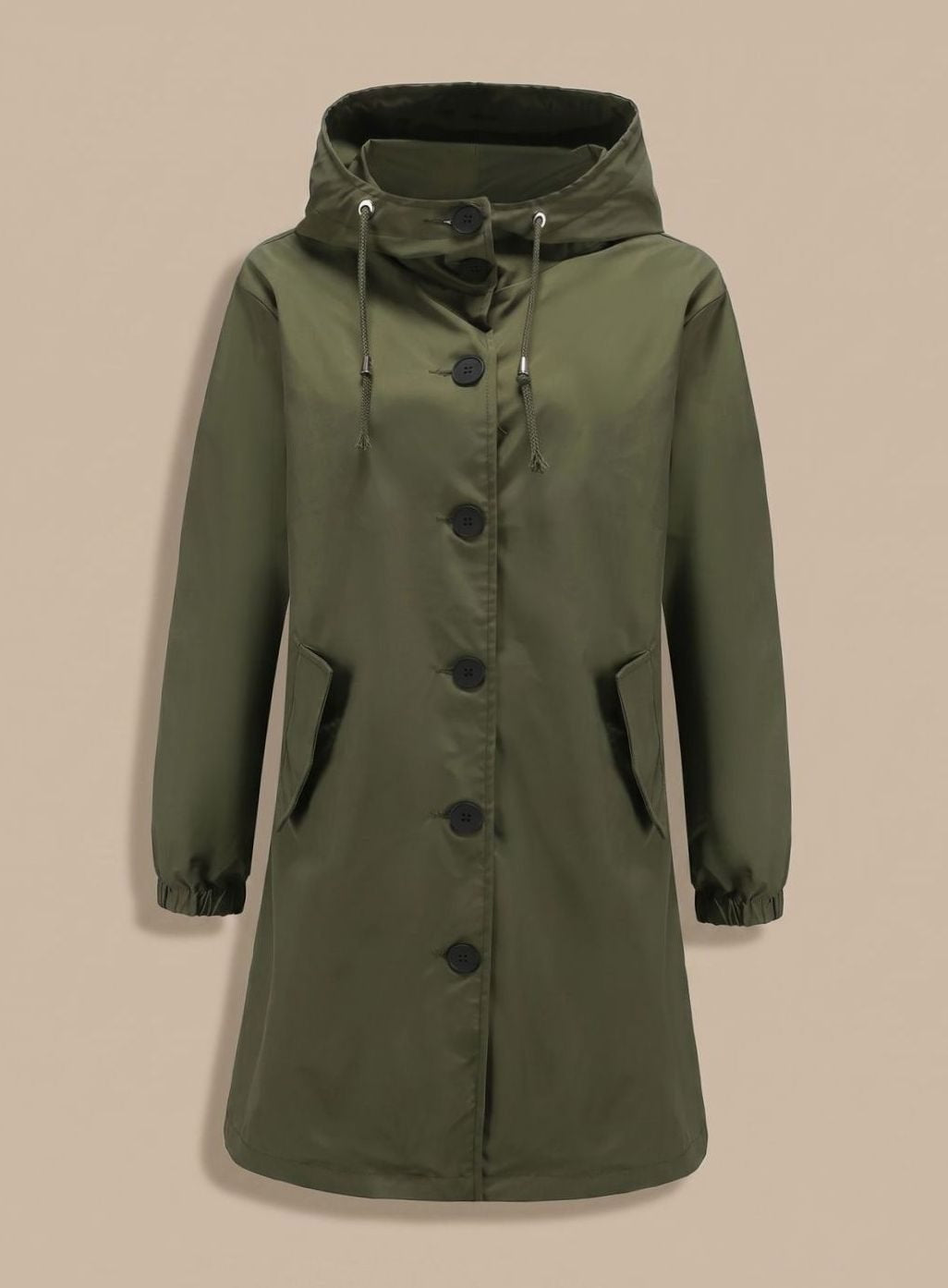 Lange trenchcoat in olijfgroen met capuchon en knoopsluiting | Boutique Moda