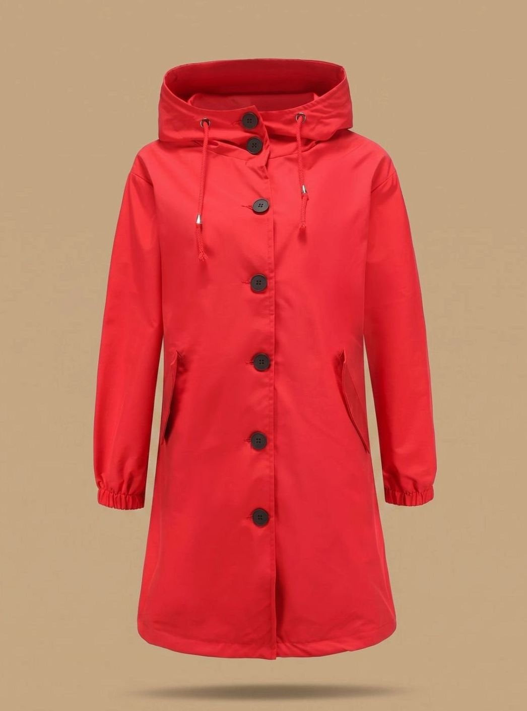 Lange trenchcoat in rood met capuchon en knoopsluiting | Boutique Moda